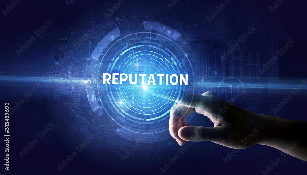 Hand touching REPUTATION button, modern business technology concept Hand touching REPUTATION button, modern business technology concept