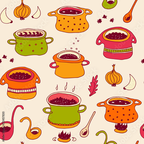 Cooking pots vector seamless pattern in doodle style, isolated on white background, kitchen cookware hand drawn illustration with soup pots, spoons, spices