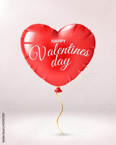 Heart balloon valentines day. Red heart shape balloons, wishes happy valentines day text for romantic greeting card vector concept