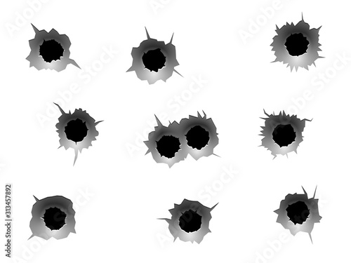 Bullet holes. Realistic bullet traces, circle holes in metal wall. Military shooting range, steel rip grunge texture, vector set