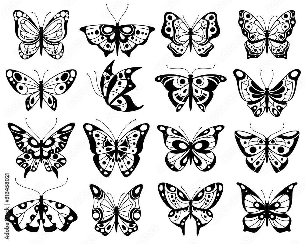 Butterfly. Stylized exotic butterflies silhouettes with openwork wings, summer flying insects. Romantic wedding card isolated vector elements Butterfly. Stylized exotic butterflies silhouettes with openwork wings, summer flying insects. Romantic wedding card isolated vector elements