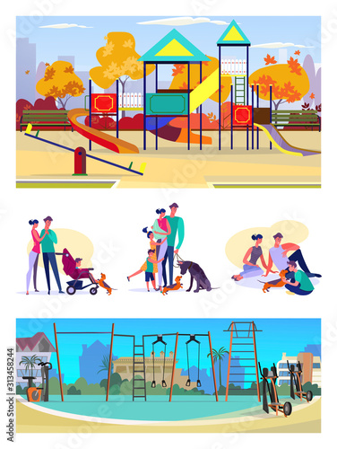 Set of happy families spending time together. Flat vector illustrations of parents resting with children and pets. Family concept for banner, website design or landing web page