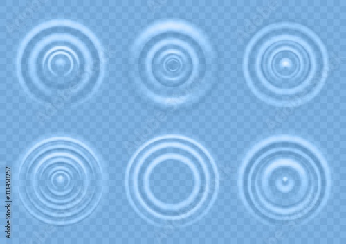 Ripple on blue water. Circular waves of liquid product top view, splash from falling drops, round radial ripples on sea surface vector texture