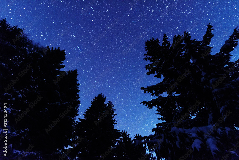 Fototapeta premium Fairytale landscapes of the winter Carpathian Mountains with a charming milky way in the sky tourist tents and snowy houses in the valleys
