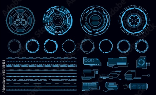 Hud elements. Futuristic blue virtual graphic touch user interface, web application. Line and circle frame and pointer, display vector elements