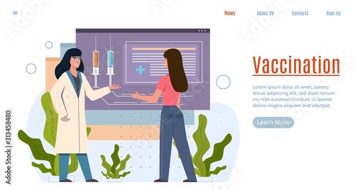 Vaccination. Immunization, immunity protection and infections prevention, vaccinate calendar, therapist and patient vector concept