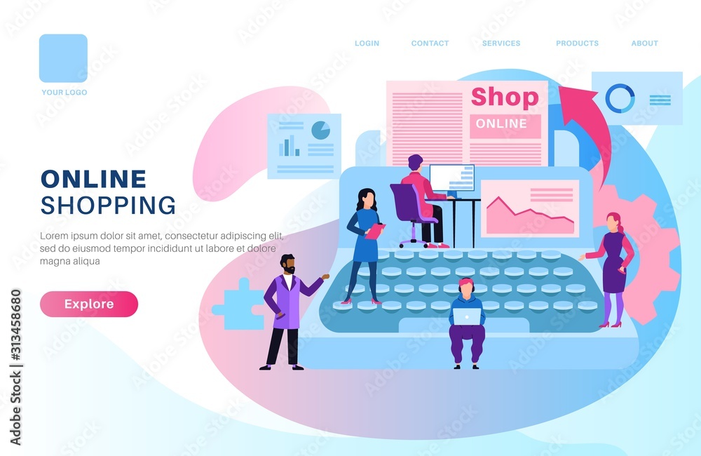 Online shop page. Store media modern design with shopping man and woman for web site of e-commerce vector concept Online shop page. Store media modern design with shopping man and woman for web site of e-commerce vector concept