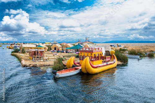 Uros floating islands on Titicaca lake in Puno, Peru, South America.