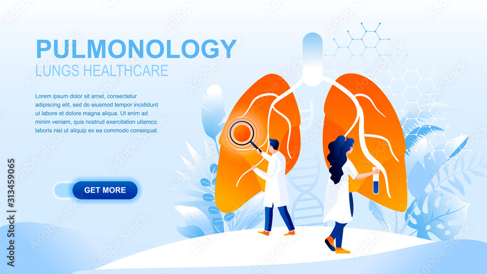 Pulmonology flat landing page with header, banner vector template. Chest and lungs medicine website layout. Medical services, respiratory diseases treatment webpage. Physicians cartoon characters - obrazy, fototapety, plakaty 