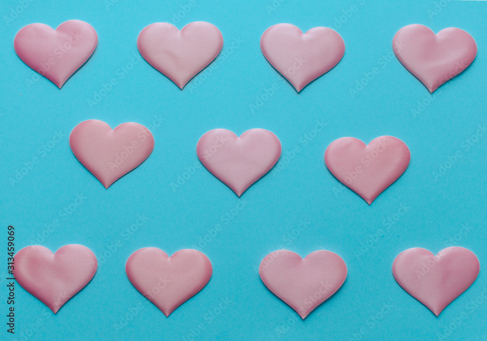 Valentine's Day background. A pink  heart  on blue background, flat lay minimal concept, trendy pop art style photo. Valentines day concept. Flat lay, top view, copy space