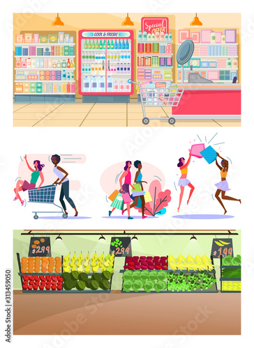 Set of cheerful female friends hanging out together. Flat vector illustrations of women shopping, fighting with pillows. Leisure concept for banner, website design or landing web page