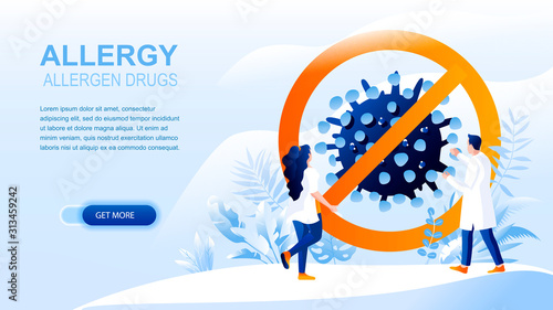 Allergy flat landing page with header, banner vector template. Drugs for treating allergy symptoms, hypersensitivity of the immune system medication website layout. Doctors cartoon characters