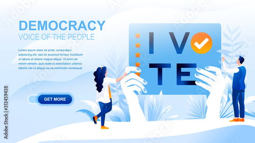 Democracy flat landing page with header, banner vector template. Governmental form, people choosing governing legislation, voting on elections, polling and balloting. Voice of people website layout
