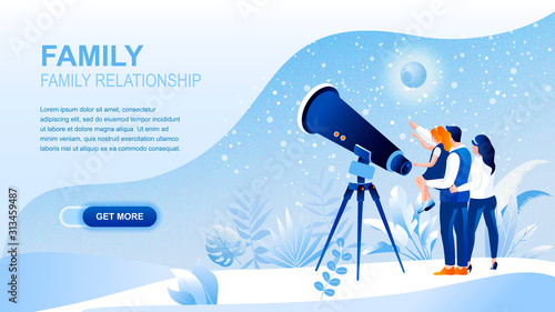 Family relationship flat landing page with header. Mother, father and child looking at stars in large telescope banner vector template. Stargazing, astronomy. Family relations, communication, teamwork