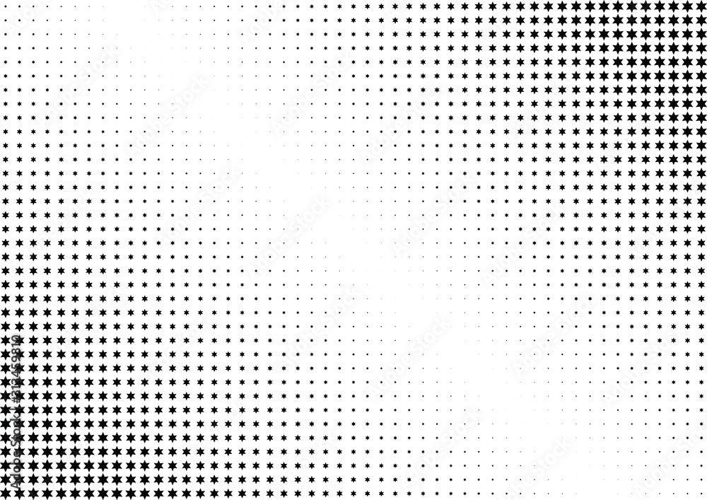 Abstract halftone dotted background. Monochrome pattern with stars.  Vector modern futuristic texture for posters, sites, business cards, postcards, labels and stickers. Design mock-up layout.