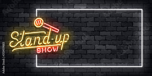 Vector realistic isolated neon sign of Comedy Show frame logo for template decoration on the wall background. Concept of stand up performance and humor.