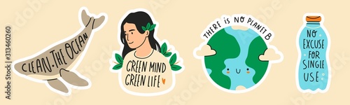 Earth day. Save the planet theme. Zero waste, plastic free concept. Green world, ecology problem. Hand drawn colored vector set. Trendy illustration. Various quotes. Pre-made stickers