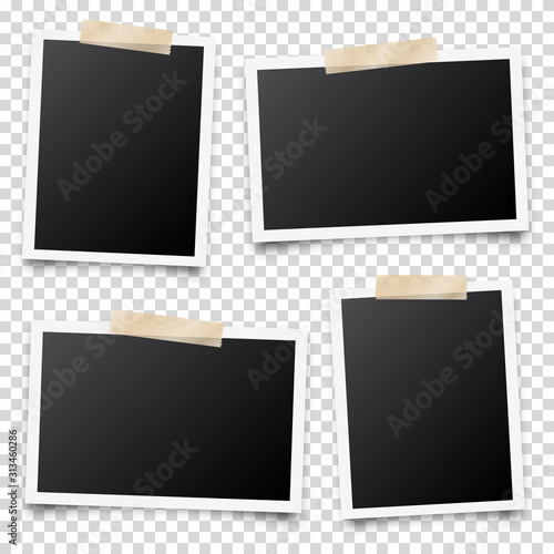 Realistic blank photo card frame, film set. Retro vintage photograph with adhesive tape and shadow. Digital snapshot image. Photography art. Template or mockup for design. Vector illustration.