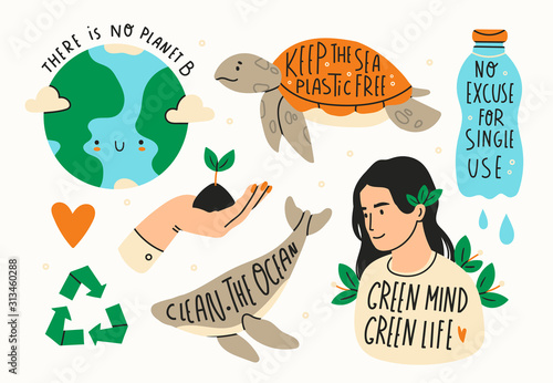 Earth day. Save the planet theme. Zero waste, plastic free concept. Green world, ecology problem. Hand drawn colored vector set. Trendy illustration. Various quotes. All elements are isolated