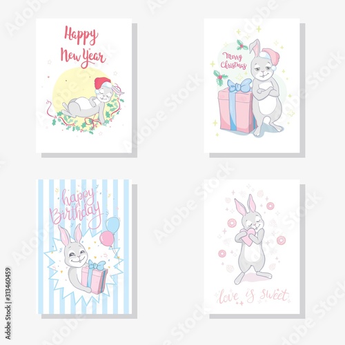 Set of cute animals poster,template,cards,bear,bird,lion,rabbit,zoo,Vector illustrations