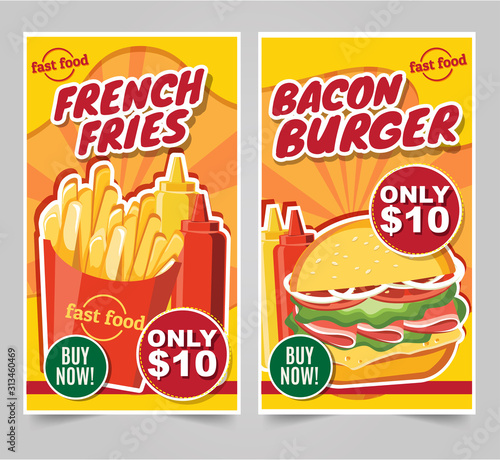 Fast food hamburger, Fast food meals banners tasty set fast food vector