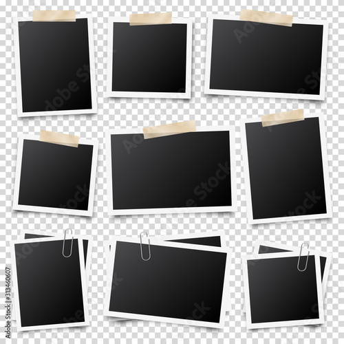 Realistic blank photo card frame, film set. Retro vintage photograph with adhesive tape and shadow. Digital snapshot image. Photography art. Template or mockup for design. Vector illustration.