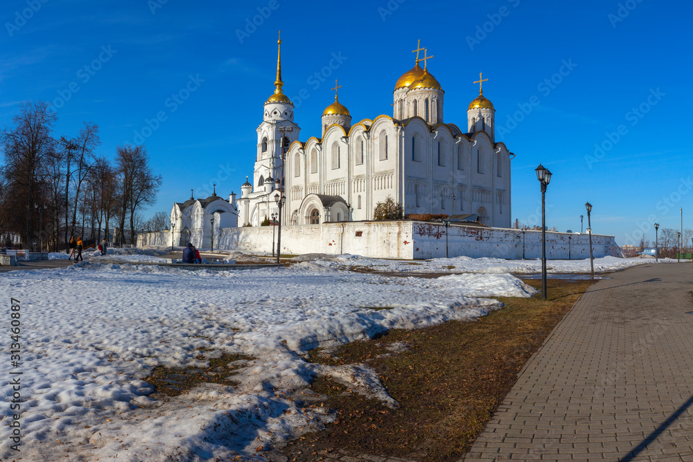 The panorama is with the Holy Dormition Cathedral. There is a Sunny day in early spring. Vladimir, Russia.