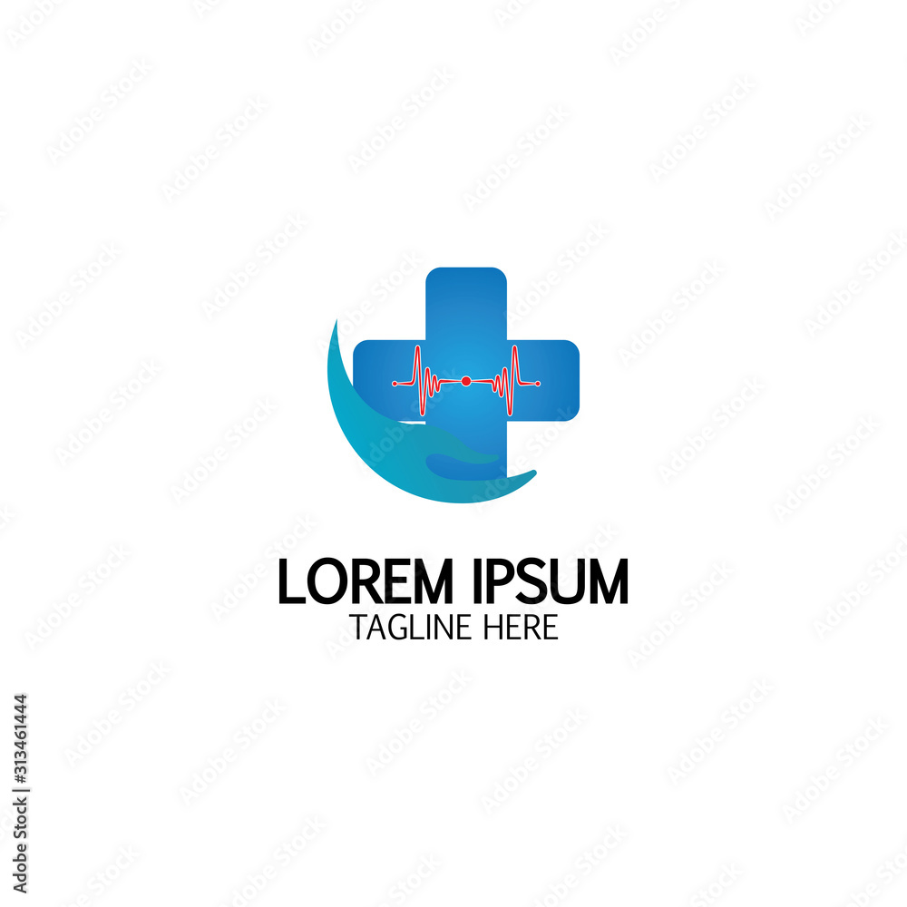 Cross Medical Logo With Hand Care. Medical Secure Logo Template Design Vector Cross Medical Logo With Hand Care. Medical Secure Logo Template Design Vector
