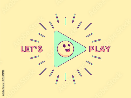 Lets play, cartoon composition with play sign surrounded rays, cheerful emoji and slogan text