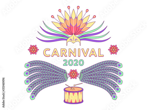 Holiday poster Carnival 2020. Vector illustration of festival and carnival in Brazil