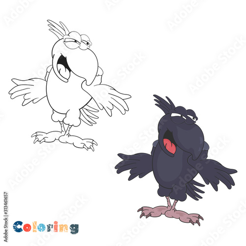 Crow. Cartoon coloring with color example. Vector illustration.