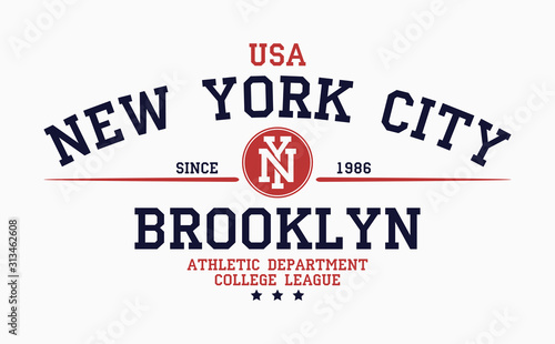 New York, Brooklyn typography for college t-shirt design. Graphics for print product, tee shirt, vintage sport apparel. Vector illustration.