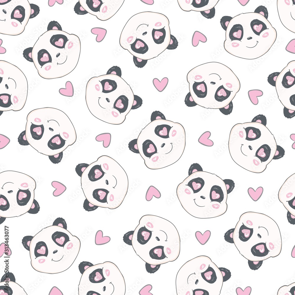 Fototapeta premium Seamless pattern with cute hand drawn panda' heads. Animal tiling background.
