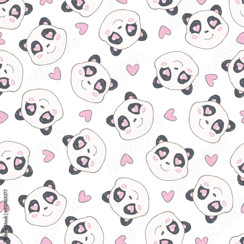 Fototapeta Naklejka Na Ścianę i Meble -  Seamless pattern with cute hand drawn panda' heads. Animal tiling background.