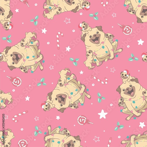 Christmas seamless pattern with the image of little cute puppies in the hat of Santa Claus. Children's vector background.