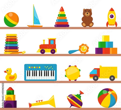 Colorful children toys on wooden shelves. Cubes, whirligig, duck, ball rattle, truck, pyramid, pipe, bear, ball, rocket, tambourine, boat, accordion, train, drum. Flat style vector.