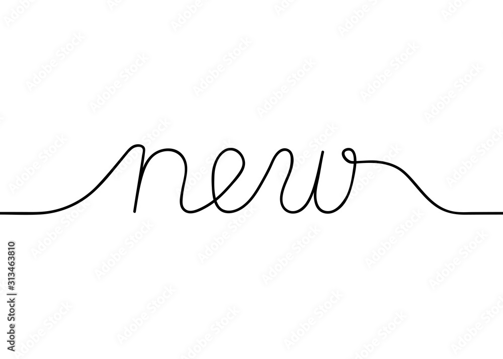 Word New, one line drawing. Hand drawn outline illustration. Continuous black line. Vector illustration Word New, one line drawing. Hand drawn outline illustration. Continuous black line. Vector illustration