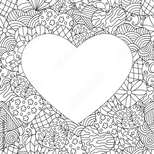 Frame of hand-drawn abstract hearts, coloring page