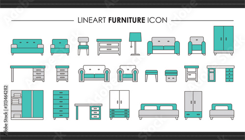 Set room furniture and hand drawn line icons. Outline illustration of interior architecture vector for web design 