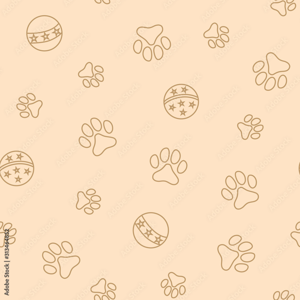 Seamless pattern with pet paw prints and balls.