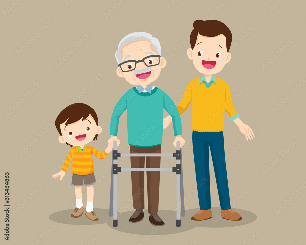 Grandson and dad help him grandfather to go to the walker Grandson and dad help him grandfather to go to the walker