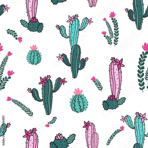 Seamless botanical repeat pattern with hand-drawn cactuses with blooms and branches in pink and aqua teal colors