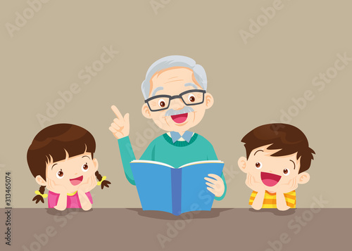 grandparents with grandchildren reading