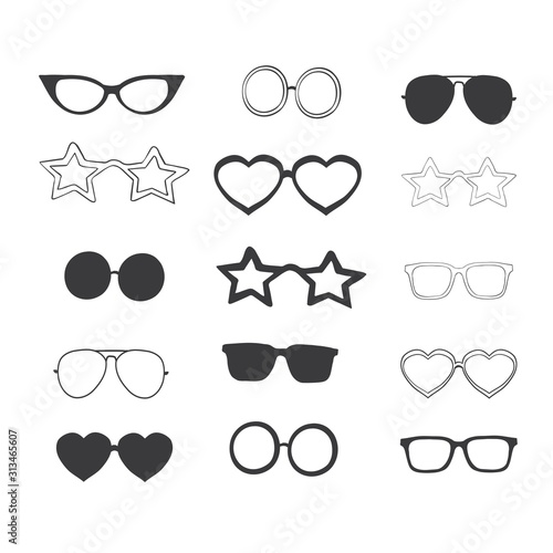 Set of custom glasses isolated. Vector illustration on white background. Glasses model icons, man, women frames. Sunglasses, eyeglasses isolated on white. silhouettes. Different shapes, frame, styles