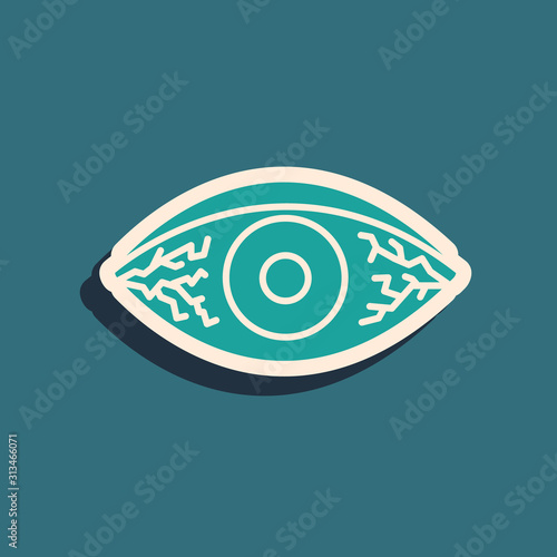 Green Reddish eye due to viral, bacterial or allergic conjunctivitis icon isolated on blue background. Long shadow style. Vector Illustration