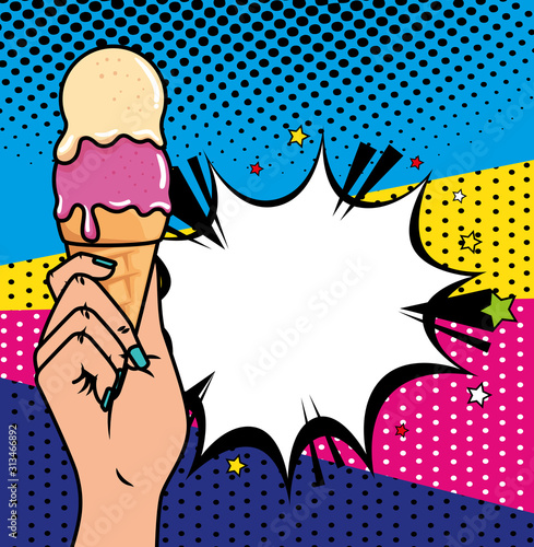 hand with ice cream and explosion pop art style icon vector illustration design