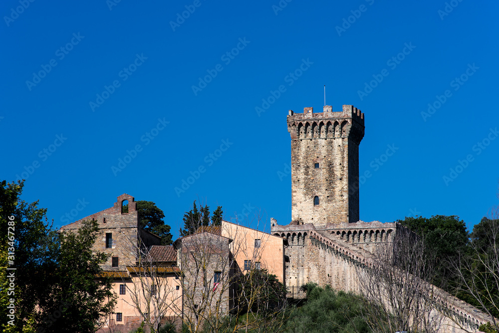The beautiful medieval fortress of Vicopisano, Pisa, Tuscany, Italy, on a beautiful sunny day and blue skies