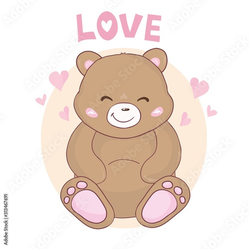 Vector illustration of cute little Teddy bear holding red heart.