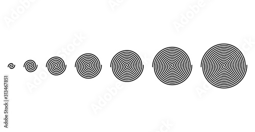 Development of intertwined linear spirals of different sizes. Black Archimedean spirals, with turnings of two arms of arithmetic spirals, rotating with constant angular velocity. Illustration. Vector.