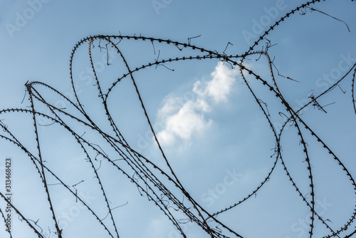 Barbed wire fence in the middle of a white cloud